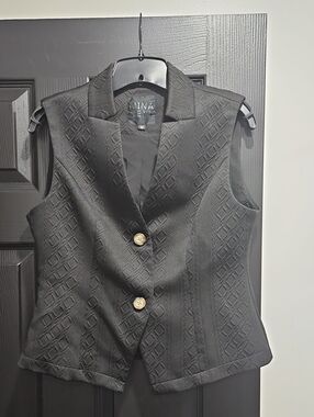 Mina Self Black Textured Sleeveless Blazer Vest with Contrast Buttons